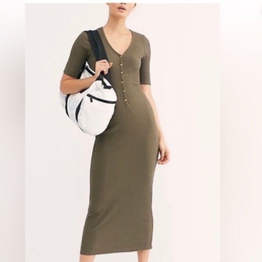 NWT Free People Beach Ribbed Knit Midi Dress Olive Green xs